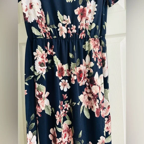 Chris and Carol Navy Floral Midi Dress with Pink Blossoms - Picture 3 of 9